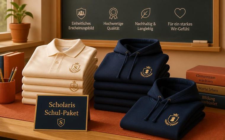 Gestapelte Polos und Hoodies in Creme und Dunkelblau mit goldenem Wappen und einem Schild 'Scholaris Schul-Paket'