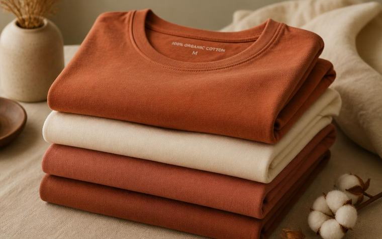 Gestapelte T-Shirts aus Bio-Baumwolle in Terrakotta und Creme