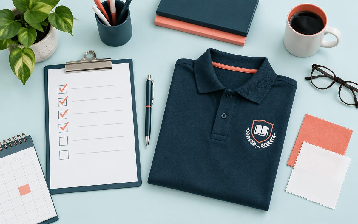 Schreibtisch mit Klemmbrett-Checkliste, gefaltetem dunkelblauem Polo mit gesticktem Wappen, Stoffmustern in Koralle und Weiß und Kalender auf hellem Aqua-Hintergrund