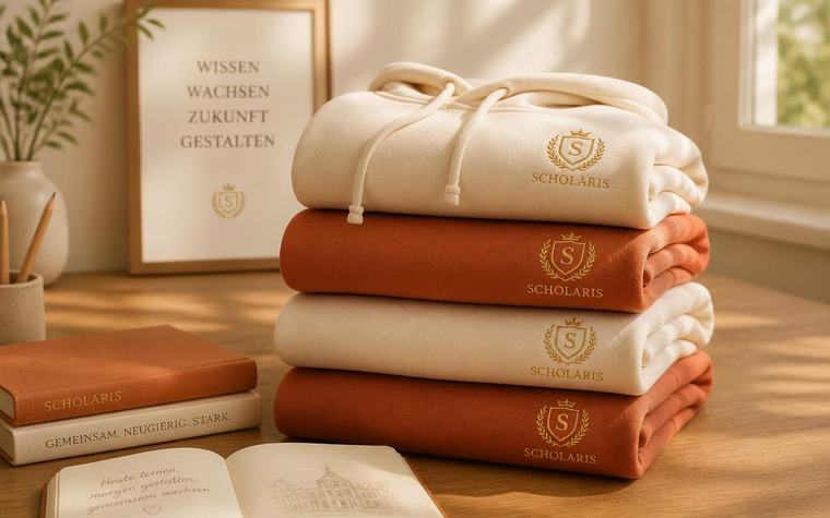 Gestapelte Scholaris Hoodies in Creme und Terrakotta mit goldenem Wappen-Logo