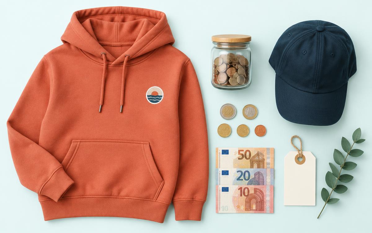 Korallfarbener Schulhoodie mit gesticktem Emblem neben einem Sparglas mit Münzen, Euro-Scheinen und einer dunkelblauen Cap auf hellem Aqua-Hintergrund