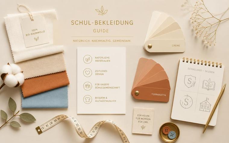 Flat-Lay mit Textilproben, Farbfächern in Creme und Terrakotta sowie Skizzen eines Schullogos