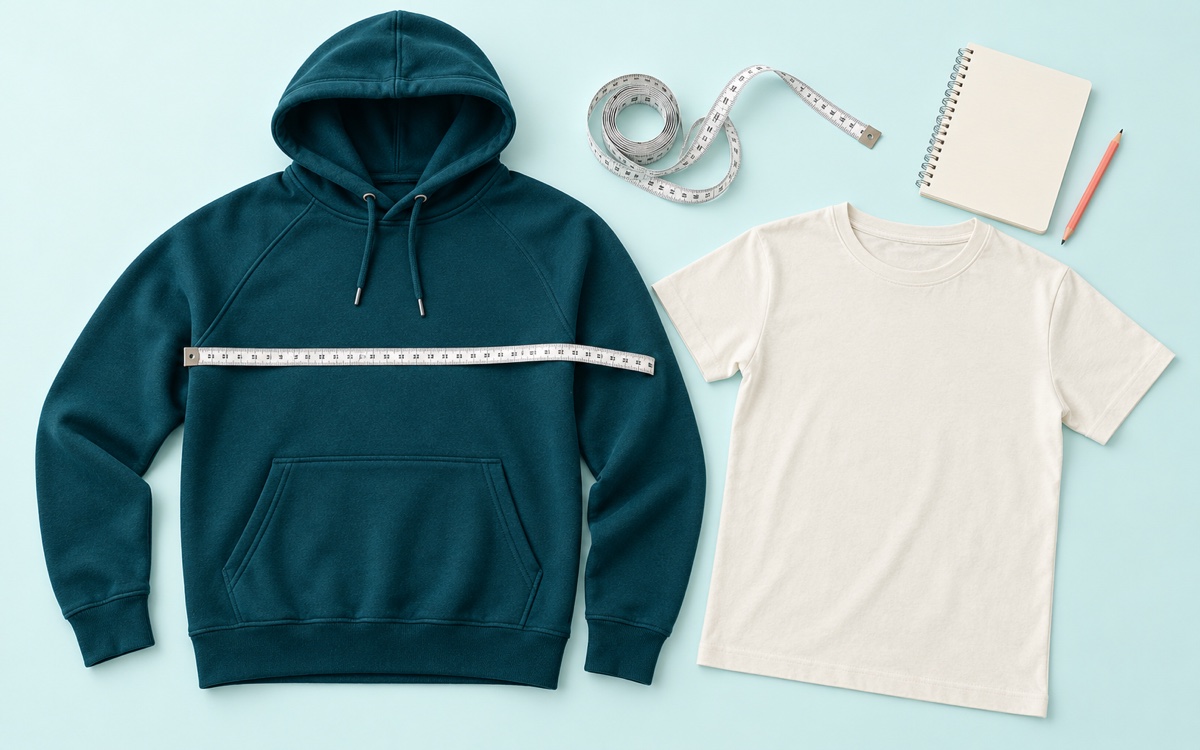 Petrolfarbener Hoodie und helles T-Shirt mit Maßband, Notizbuch und korallfarbenem Stift auf hellem Aqua-Hintergrund