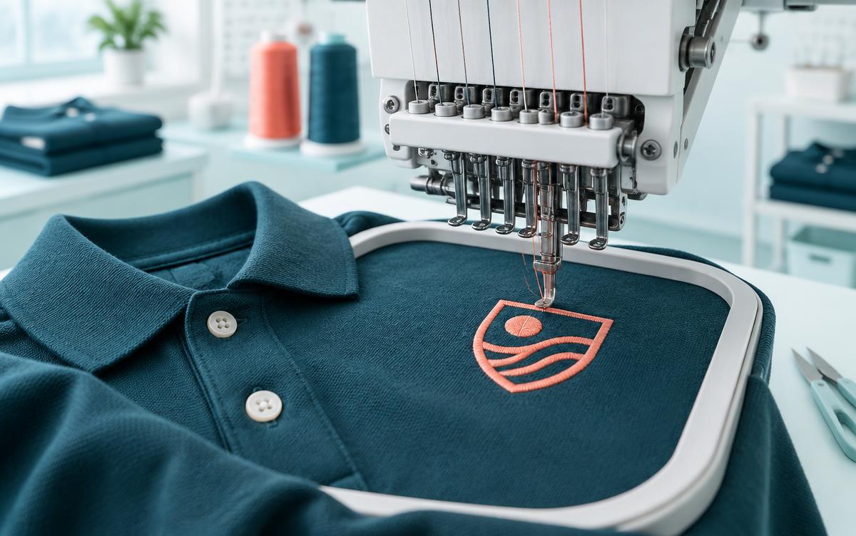 Stickmaschine stickt ein korallfarbenes Wappen auf ein dunkelpetrolfarbenes Polohemd