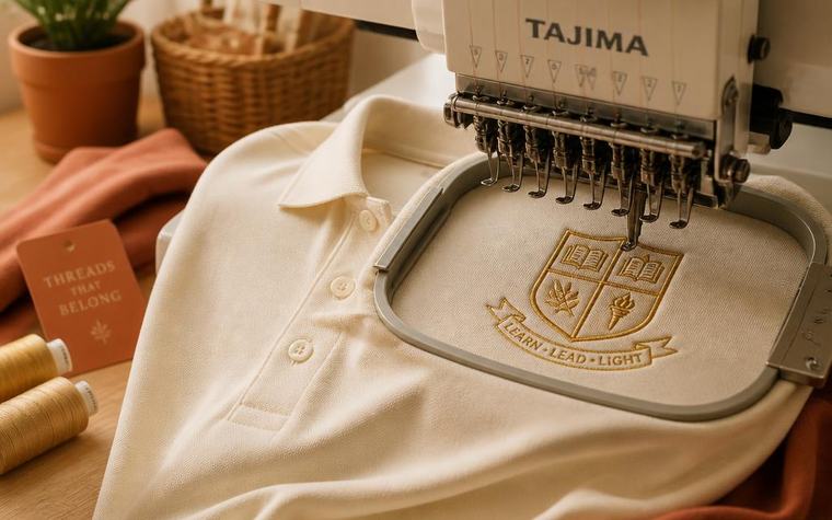 Stickmaschine stickt ein goldenes Schulwappen auf ein cremefarbenes Polohemd