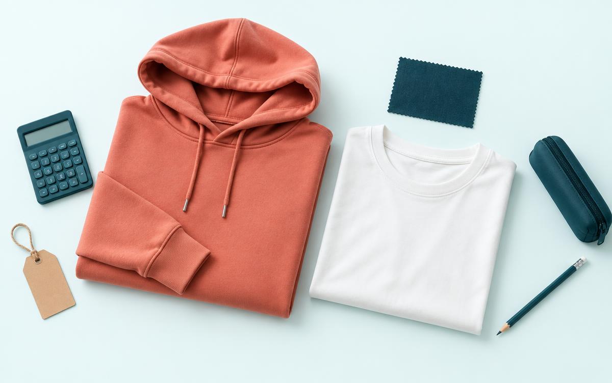 Korallfarbener Schulhoodie und weißes T-Shirt mit Taschenrechner auf hellblauem Hintergrund