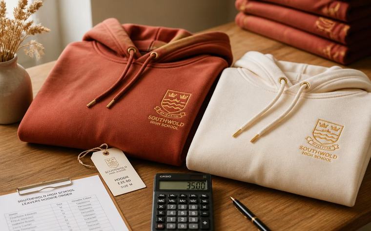 Gestapelte bedruckte Schulhoodies mit Preisschild und Taschenrechner auf einem Holztisch