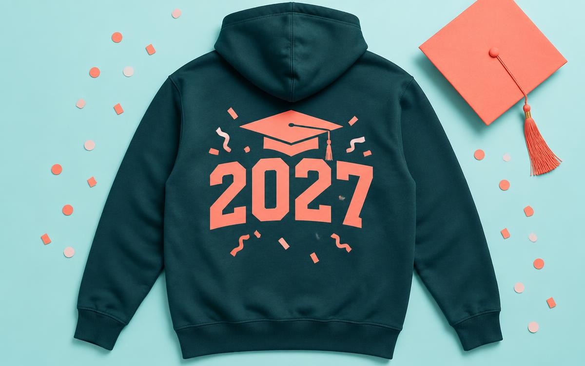 Dunkelpetrolfarbener Abschluss-Hoodie mit korallfarbenem Rückendruck 2027 und Absolventenhut, daneben ein korallfarbener Doktorhut und Konfetti