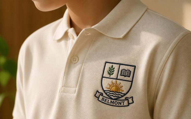 Cremefarbenes Polohemd mit besticktem Schulwappen