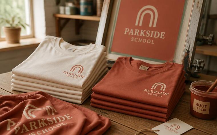Stapel bedruckter Schul-T-Shirts in Creme und Terrakotta neben einem Siebdruckrahmen