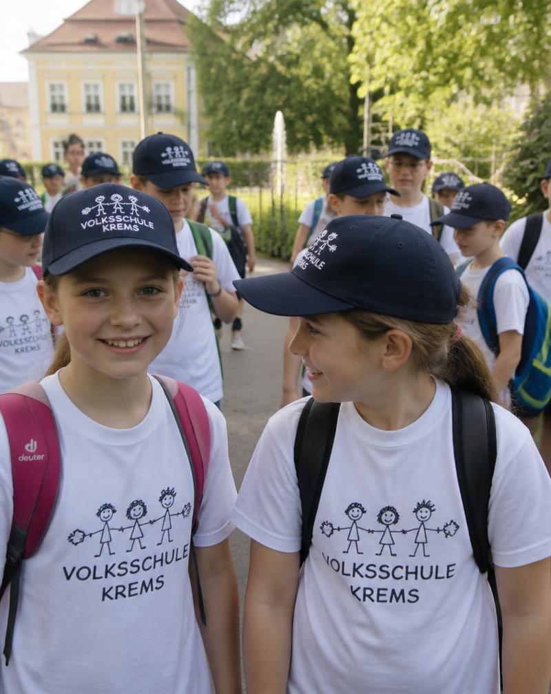 Schulklasse in bedruckten T-Shirts und Caps auf einem Schulausflug